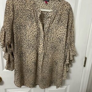Vince Camuto Brown Tan Ruffled Blouse with Mandarin Collar